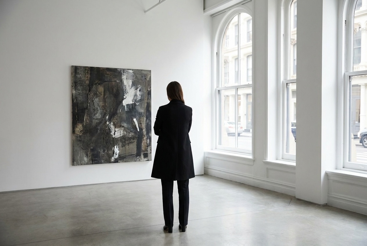 A visitor viewing a painting in the gallery